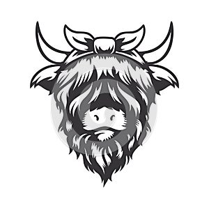 Highland cow cute bow head design with ribbon hairband. Farm Animal. Cows logos or icons. vector illustration photo