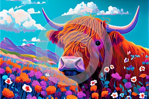 Highland cow field of flowers