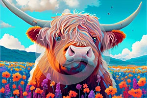 Highland cow field of flowers