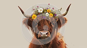 Highland cow with a flower crown on a beige background