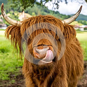 Highland cow in kinzig valley in black forest, germany