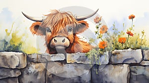 Highland cow looking over a wall watercolour