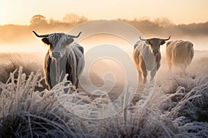 Highland cows gazing away in winter scenery, foggy morning