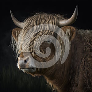 Highlands Cow, long furred or haired, ginger coloured Scottish Highlander. Generative AI