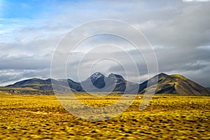 Highlands of Iceland concept. Haukadalur valley in Iceland. Beautiful landscape in valley. Peaceful nature environment