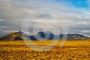 Highlands of Iceland concept. Haukadalur valley in Iceland. Beautiful landscape in valley. Peaceful nature environment