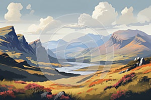 Highlands, Scotland travel poster with spectacular view of hills, lochs, moor. Ai generated image