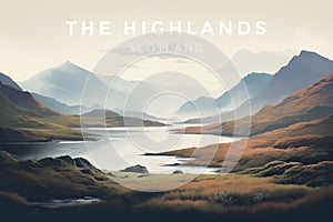 Highlands, Scotland travel poster with spectacular view of hills, lochs, moor. Ai generated image