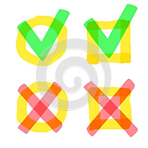 Highlight marker check marks. Check and cross highlight marker sign, checklist marking logo, reject and accept mark