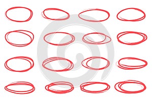 Doodle pencil drawn oval circles. Red grunge ovals and circles for highlighting photo