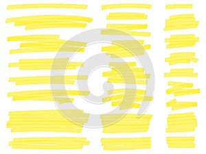 Highlight marker lines. Yellow text highlighter markers strokes, highlights marking vector set photo