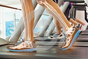 Highlighted bones of man on treadmill