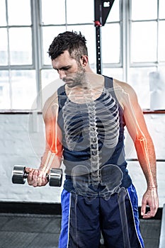 Highlighted bones of strong man lifting weights at gym