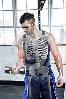 Highlighted bones of strong man lifting weights at gym