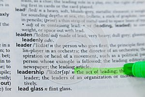 Highlighted definition of leadership in dictionary