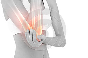 Highlighted elbow pain of woman