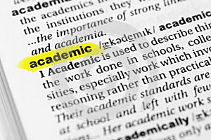 Highlighted English word `academic` and its definition in the dictionary
