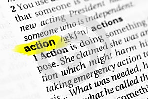 Highlighted English word `action` and its definition in the dictionary