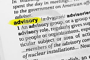 Highlighted English word advisory and its definition in the dictionary