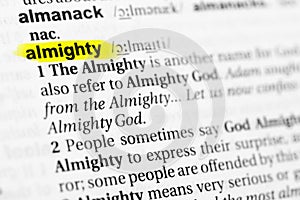 Highlighted English word `almighty` and its definition in the dictionary