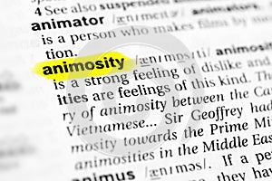 Highlighted English word `animosity` and its definition in the dictionary