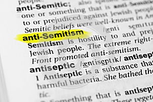 Highlighted English word `anti semitism` and its definition in the dictionary
