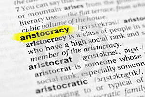 Highlighted English word `aristocracy` and its definition in the dictionary