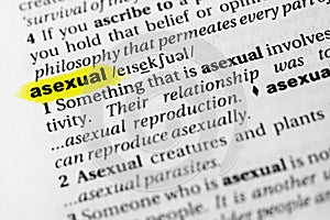 Highlighted English word `asexual` and its definition in the dictionary photo