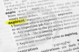 Highlighted English word `aspirant` and its definition in the dictionary photo