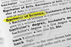 Highlighted English word `Bachelor of Science` and its definition in the dictionary