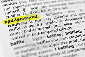 Highlighted English word `bad tempered` and its definition in the dictionary