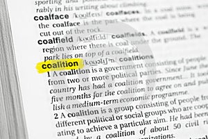 Highlighted English word coalition and its definition at the dictionary