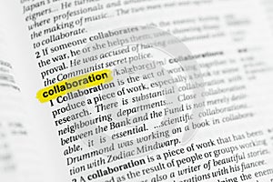 Highlighted English word collaboration and its definition at the dictionary.