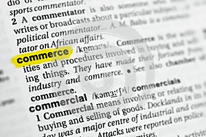 Highlighted English word commerce and its definition at the dictionary.