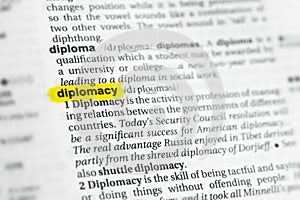 Highlighted English word diplomacy and its definition at the dictionary