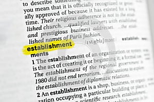 Highlighted English word & x22;establishment& x22; and its definition at the dictionary