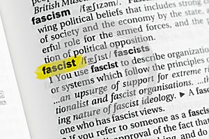 Highlighted English word & x22;fascist& x22; and its definition at the dictionary