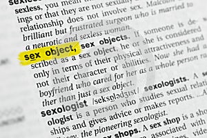 Highlighted English word sex object and its definition at the dictionary