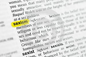 Highlighted English word sexism and its definition at the dictionary