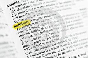 Highlighted English word & x22;solution& x22; and its definition at the dictionary