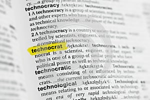 Highlighted English word & x22;technocrat& x22; and its definition at the dictionary