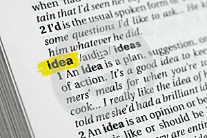 Highlighted English word & x22;idea& x22; and its definition at the dictionary