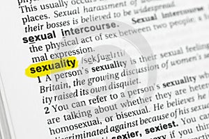 Highlighted English word & x22;sexuality& x22; and its definition at the dictionary photo