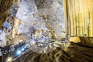 Highlighted limestone formations in the Paradise Cave or Thien doung cave . Phong Nha ke bang region of Vietnam