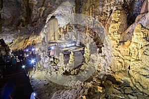 Highlighted limestone formations in the Paradise Cave or Thien doung cave . Phong Nha ke bang region of Vietnam