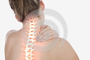 Highlighted spine of woman with neck pain