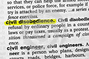 Highlighted word civil disobedience concept and meaning photo