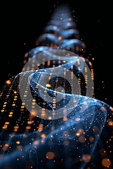 Highlighting a black background with binary code waves in the foreground, representing data flow and technology network conce