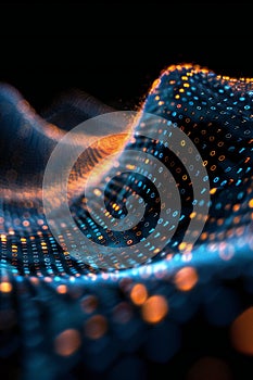 Highlighting a black background with binary code waves in the foreground, representing data flow and technology network conce