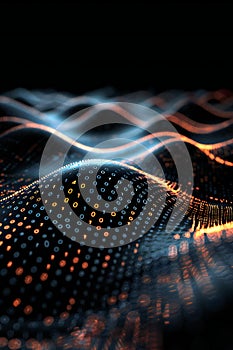 Highlighting a black background with binary code waves in the foreground, representing data flow and technology network conce